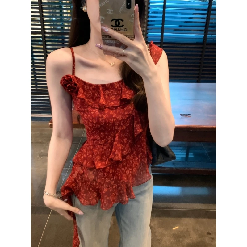 【现货】安璃 明艳气质红玫瑰不对称上衣