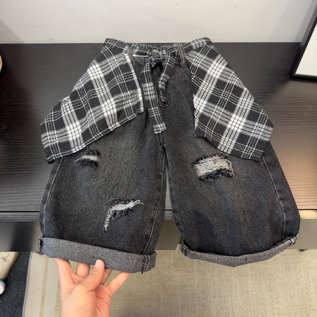 男童牛仔裤2025秋季新款格子屁帘牛仔裤男宝休闲宽松长裤男女同款