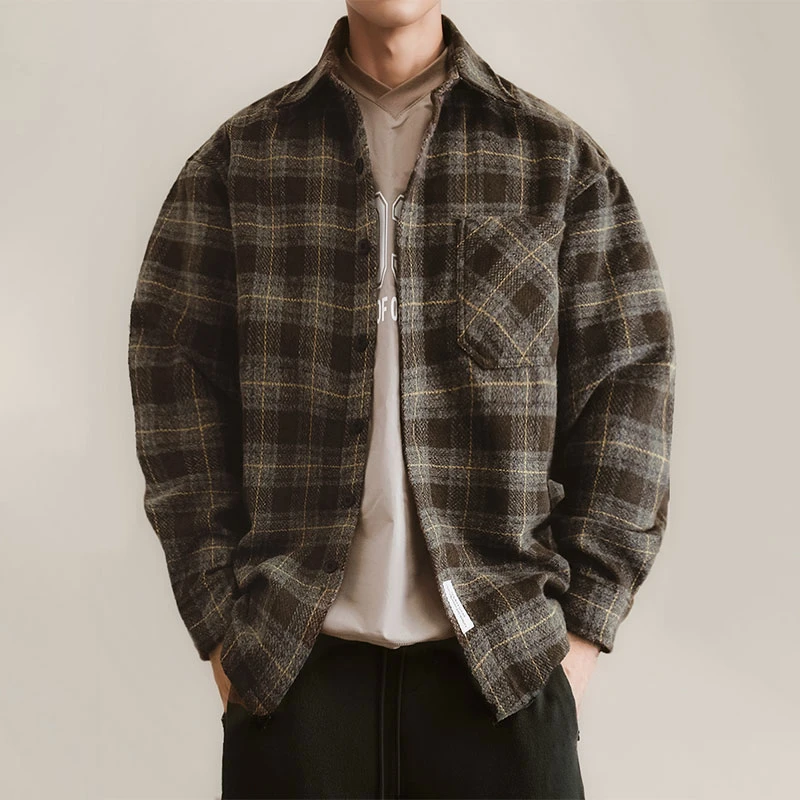 痞帅百搭潮流宽松口袋工装外套男士磨毛长袖衬衫春季潮牌格子衬衣