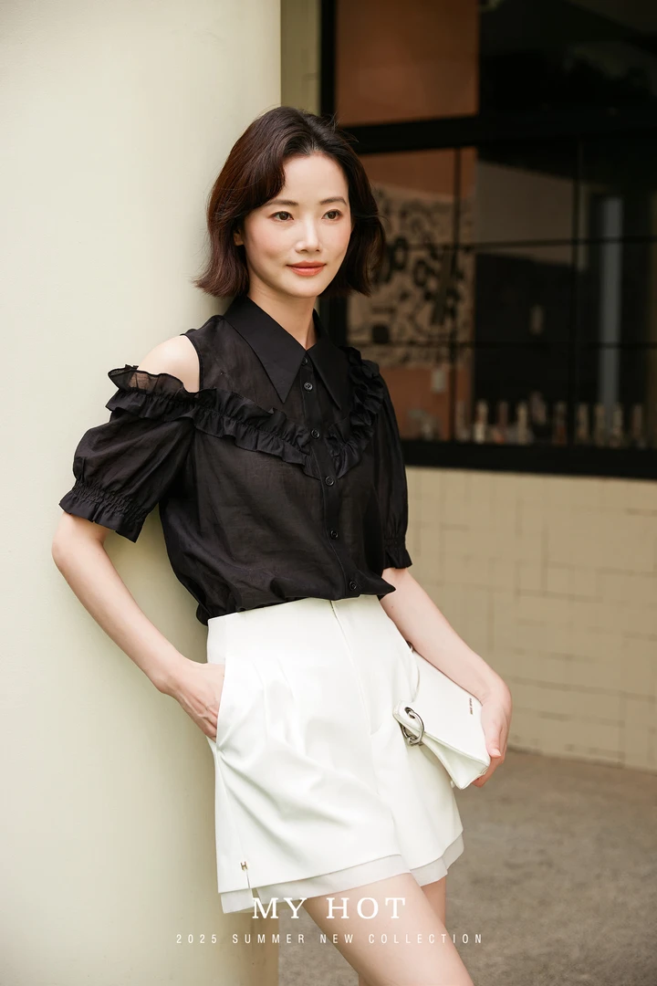 华家曼2025夏款黑色露肩衬衣