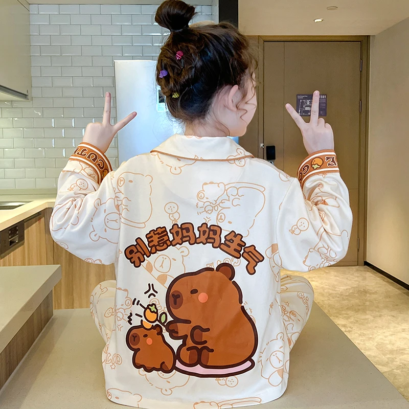 女童睡衣棉质薄款长袖春秋季2025年新款卡皮巴拉小女孩儿童家居服