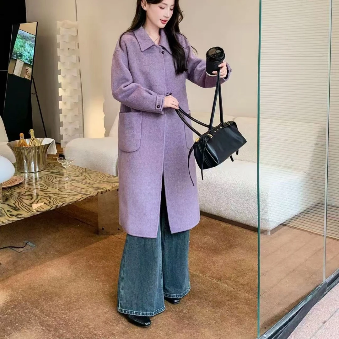 25年新款时尚中长款翻领毛呢外套羊毛呢子大衣女装冬季（送毛刷）