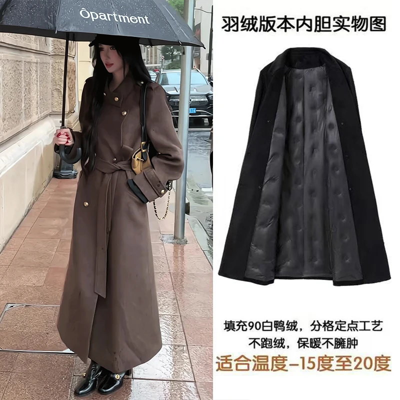 摩卡棕长款羽绒服冬季保暖呢子大衣高级感收腰显瘦毛呢外套修身款
