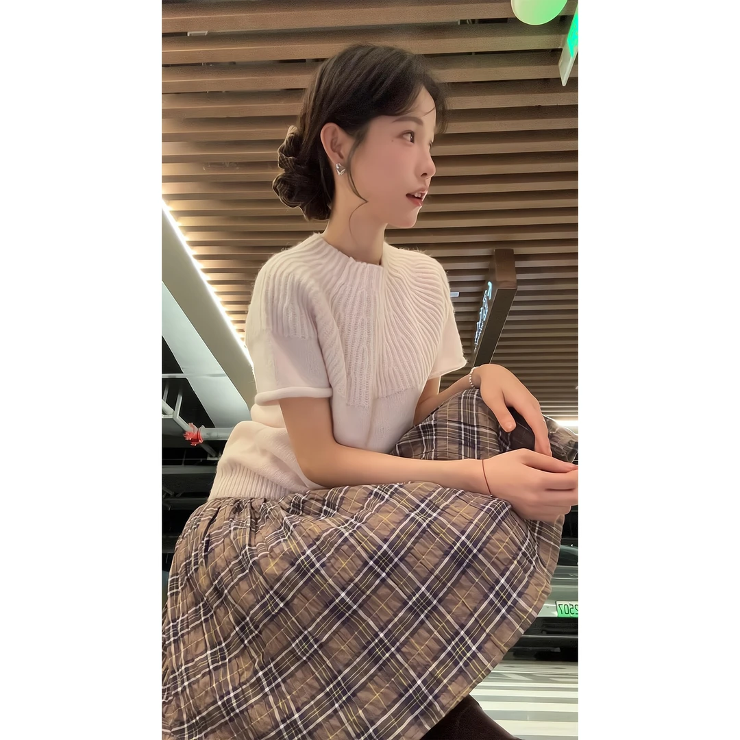 毛针织衫2025新款软糯毛织短袖上衣褶皱织格纹半身裙褶皱蓬蓬半裙