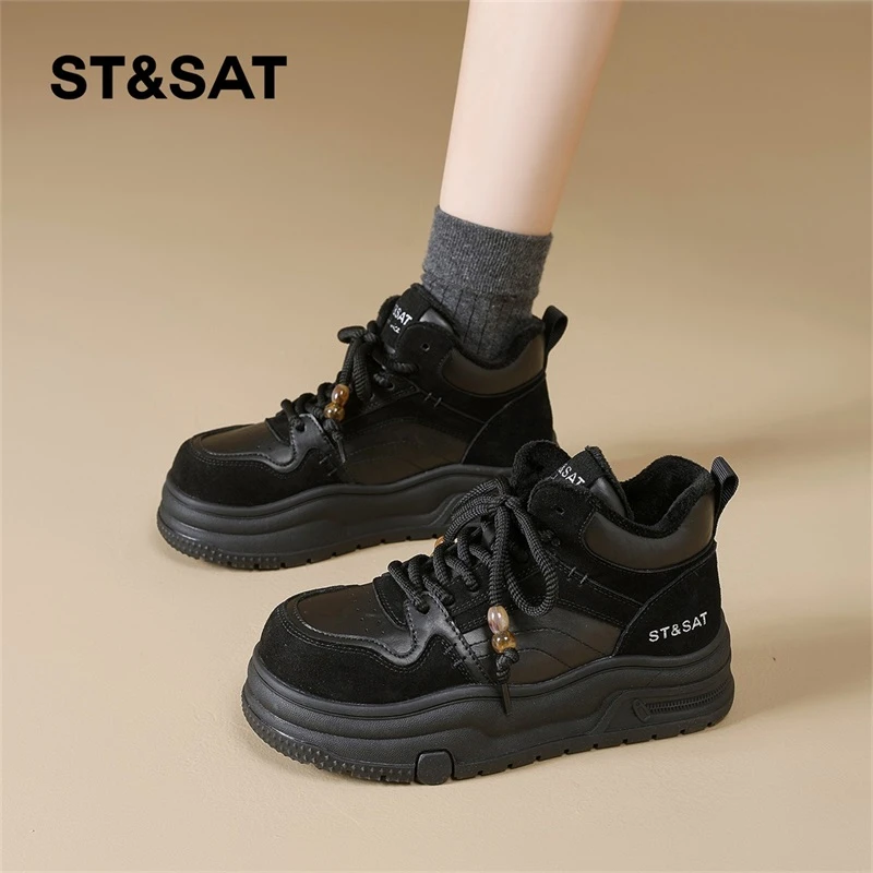 星期六加绒高帮鞋棉鞋女2025冬季新款小个子内增高复古休闲板鞋子