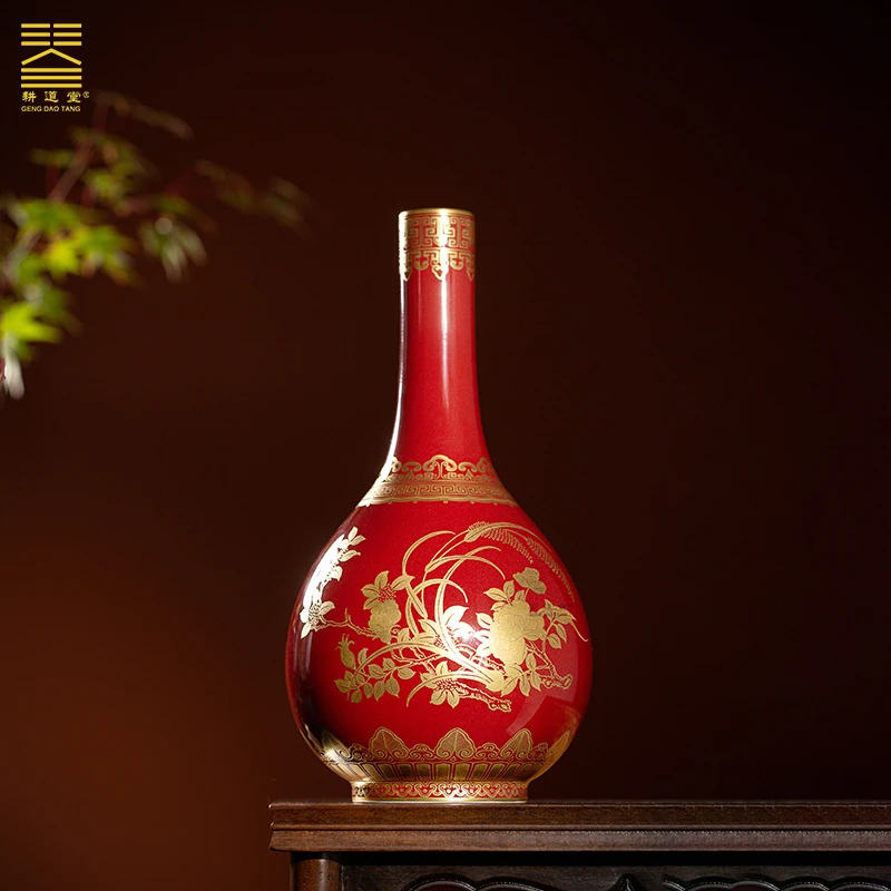 耕道堂霁红釉陶瓷精品-纯金描绘题诗花卉胆瓶玄关客厅书房摆件