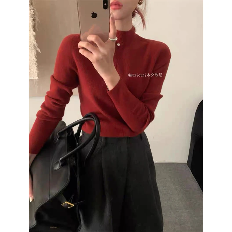 【酒红色】3526超柔软高品质中领针织毛衣