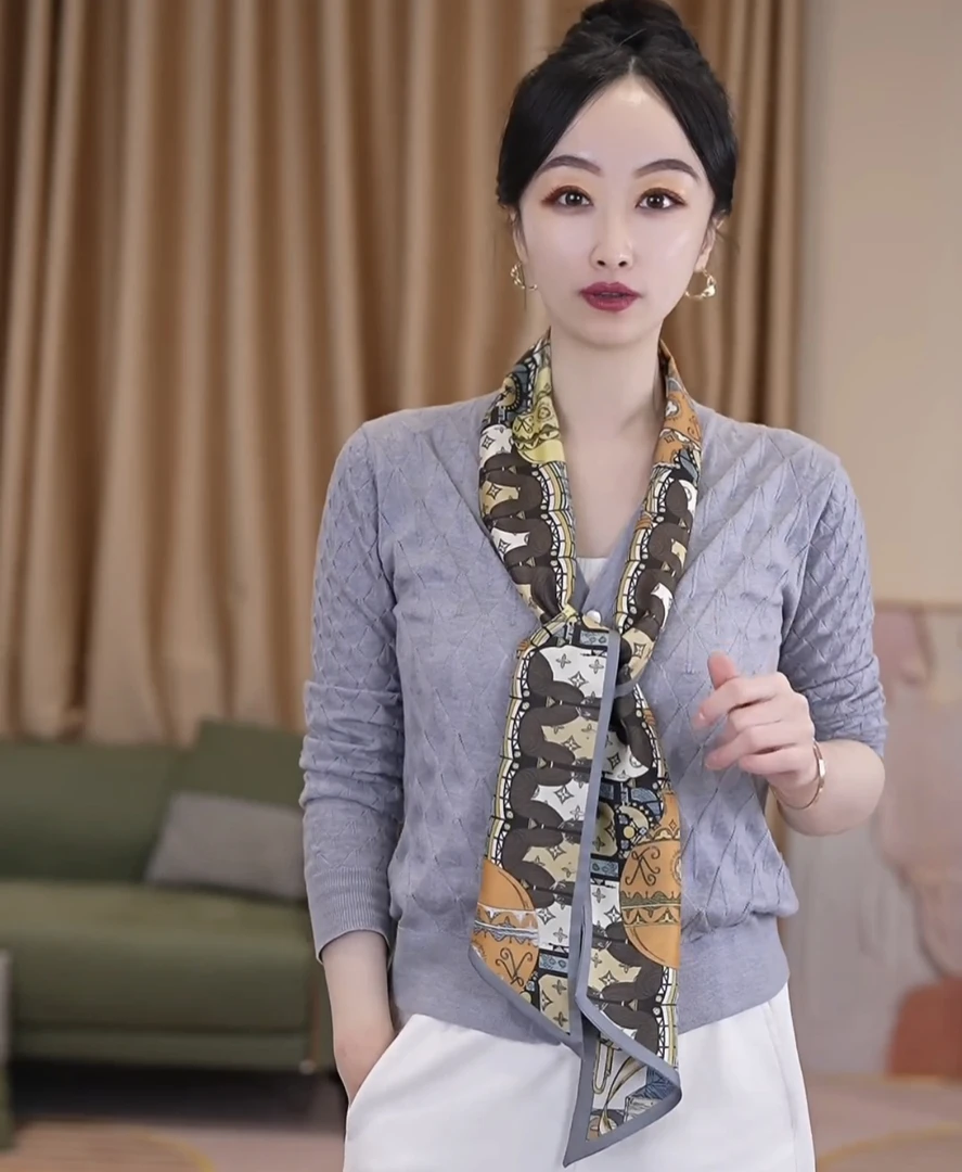 100桑蚕丝双层宽飘带女真丝围巾领巾重磅斜纹绸丝巾窄条老花气球