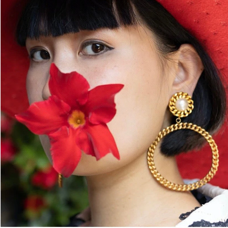 黄铜耳饰 金色长款vintage中古珍珠麻花大圈圈高级感小众耳环耳饰