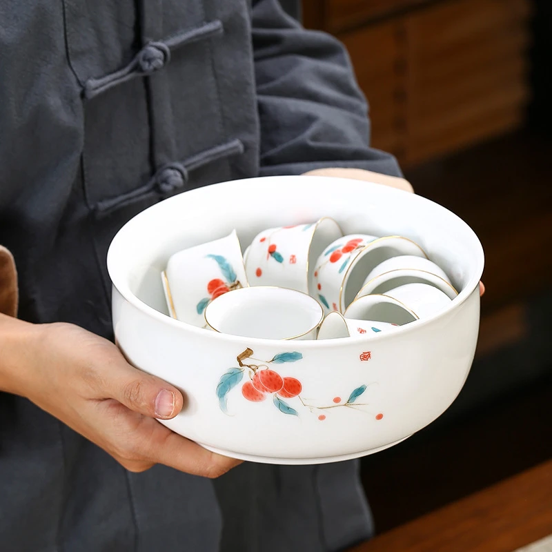 釉下彩干泡陶瓷杯洗笔洗大号手绘羊脂玉茶洗花盆鱼缸功夫茶具配件