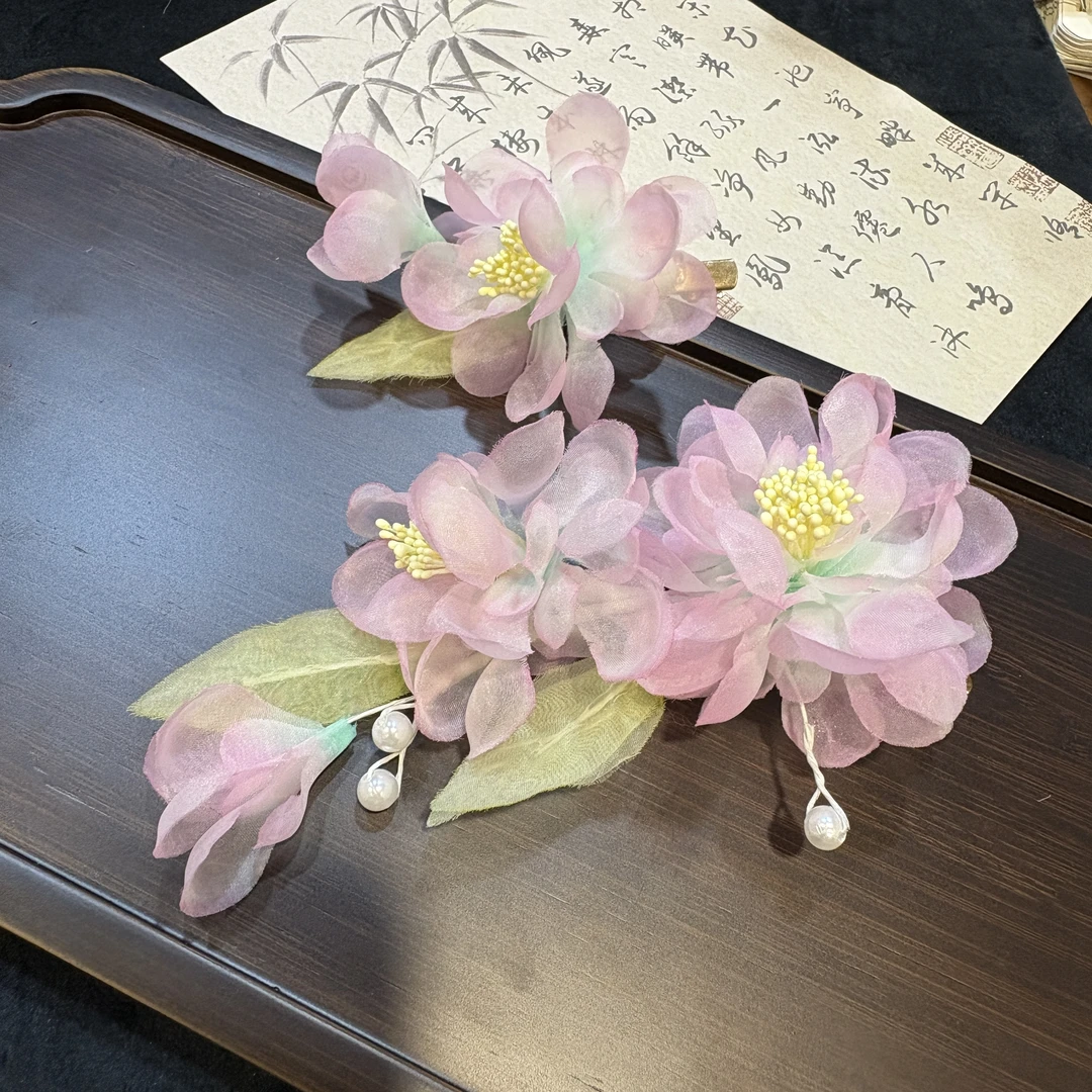 云鬓花古风饰品古装发饰仙气飘飘烫花对夹 雾粉裁春 汉服发冠B176
