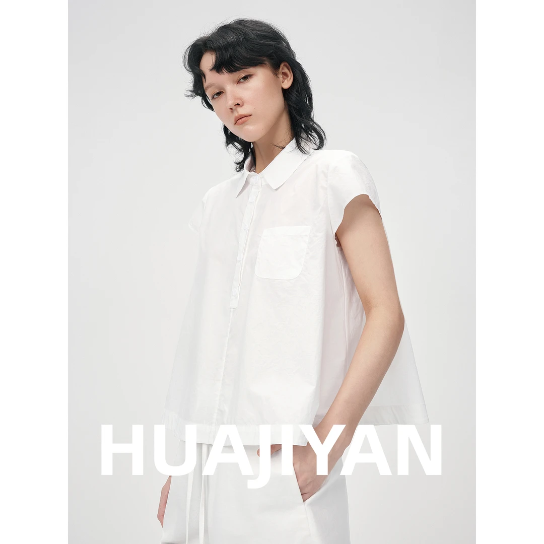 华吉言/HUAJIYAN【风信子】100棉立体褶皱衬衫领短袖T恤