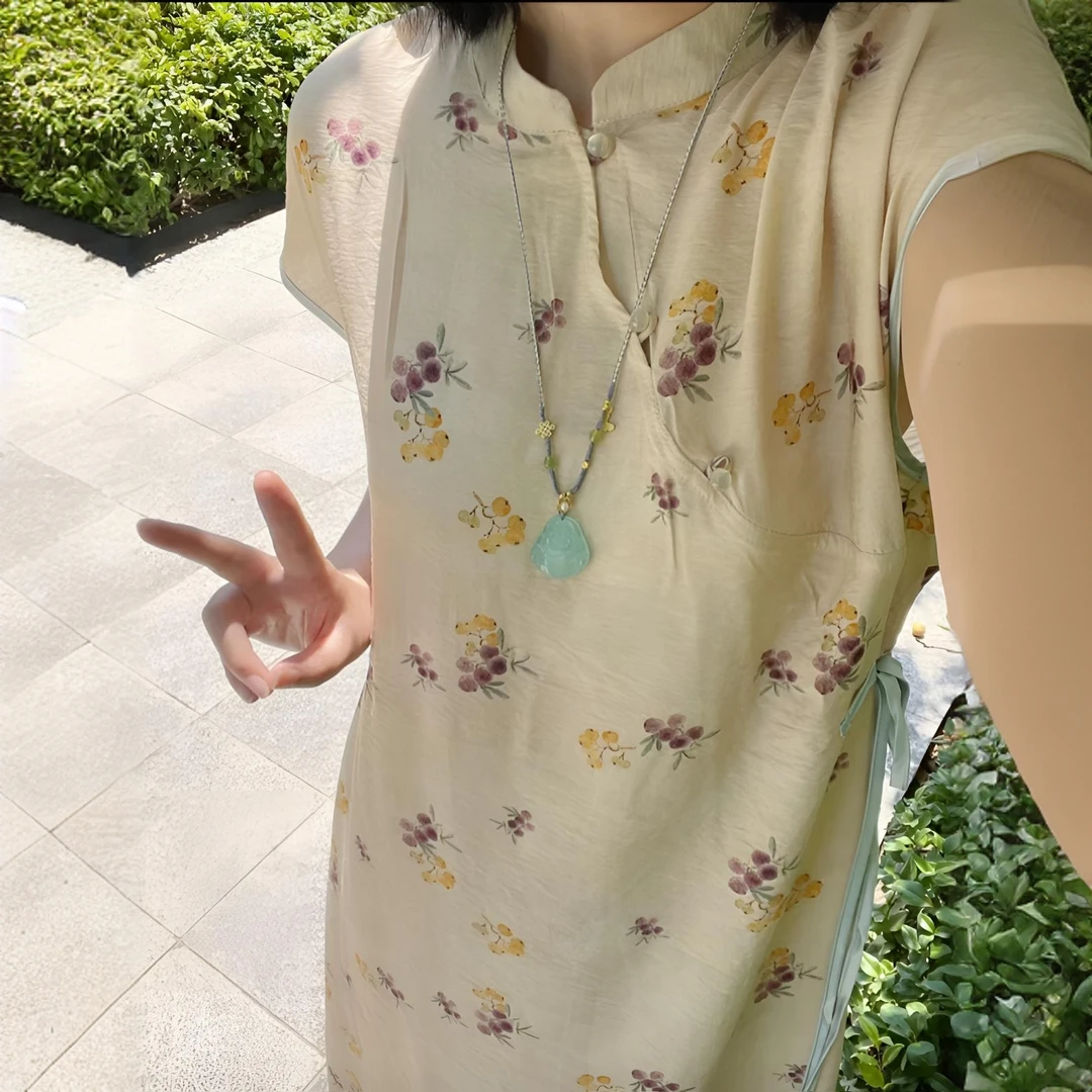 Y【今喜-枇杷杨梅】新中式国风腰带改良宽松夏季旗袍印花连衣裙