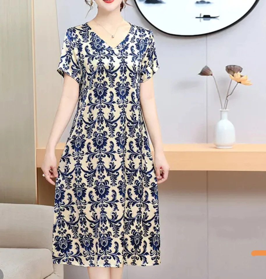 D009夏季短袖连衣裙新款碎花中长款裙子显瘦洋气