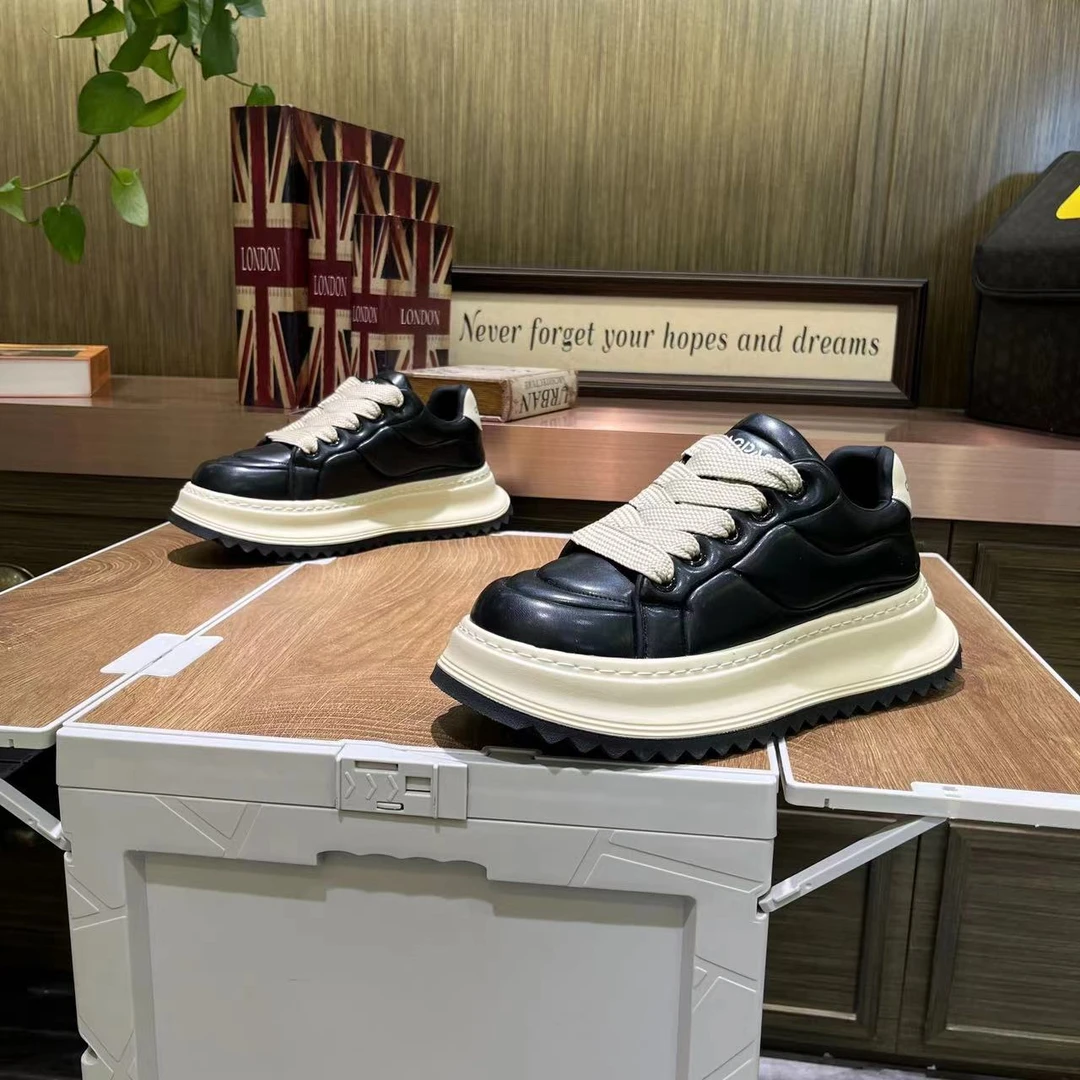 欧洲站2025冬季单棉新款厚底面包鞋时尚厚底皮面系带百搭休闲鞋男