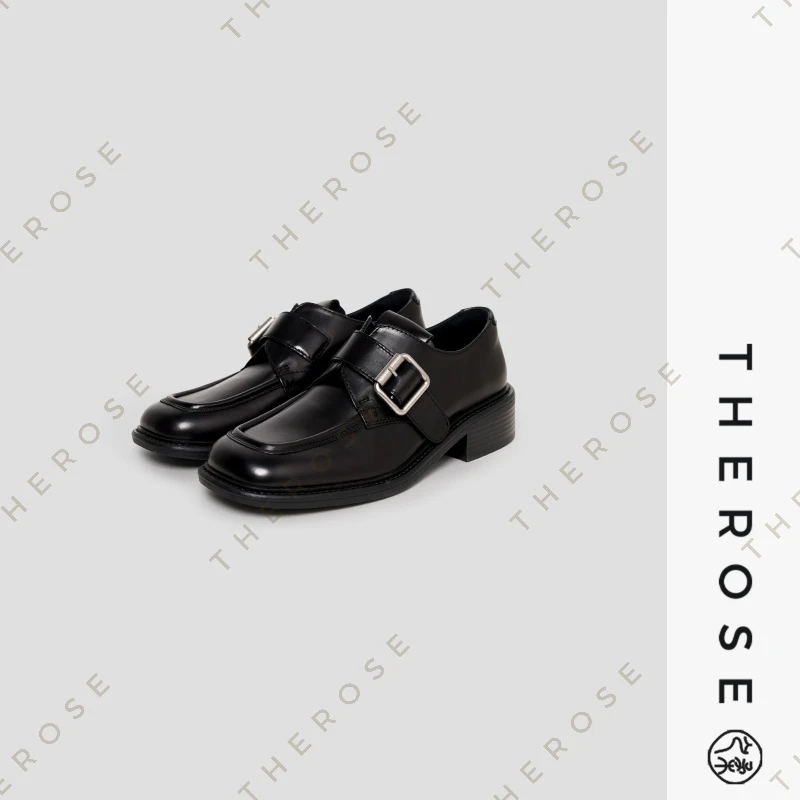 之柔【孟克鞋】进口胎牛皮时尚百搭布洛克皮鞋方头懒人扣带乐福鞋女