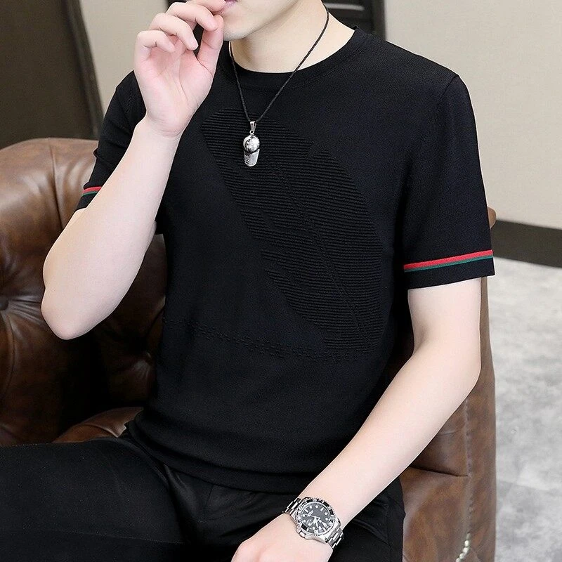 夏季冰麻针织圆领T恤男士轻薄透气套头时尚潮流原宿风短袖1653
