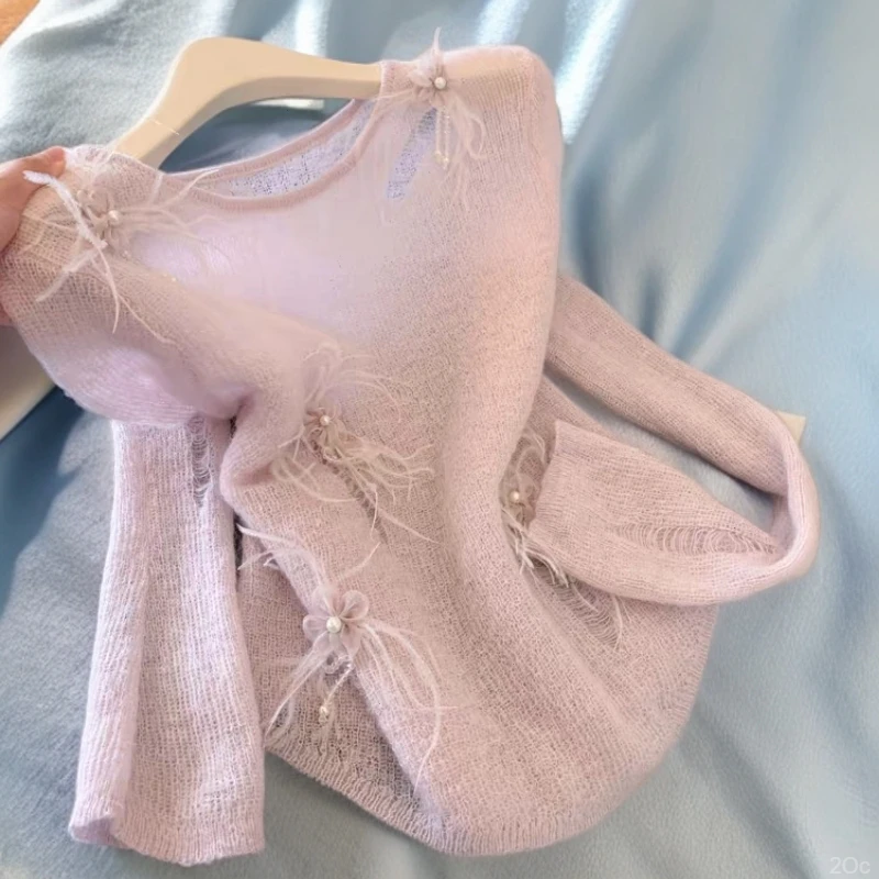 法式粉紫色钉珠针织衫女钉珠高级感2025秋冬新款宽松百搭软糯上衣