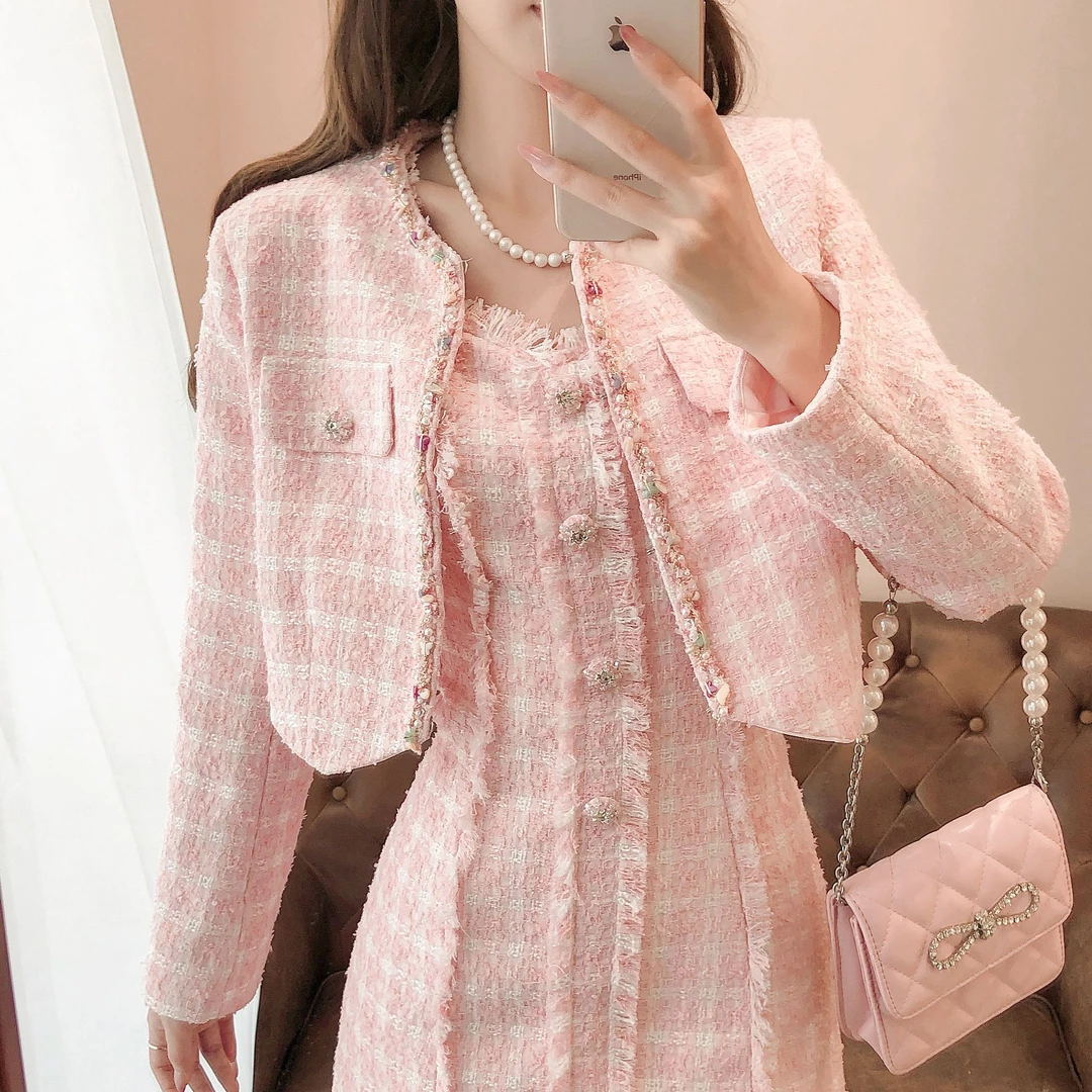艾日秀秋季甜美温柔小香外套+时尚百搭粗花呢背带裙两件套女F1159