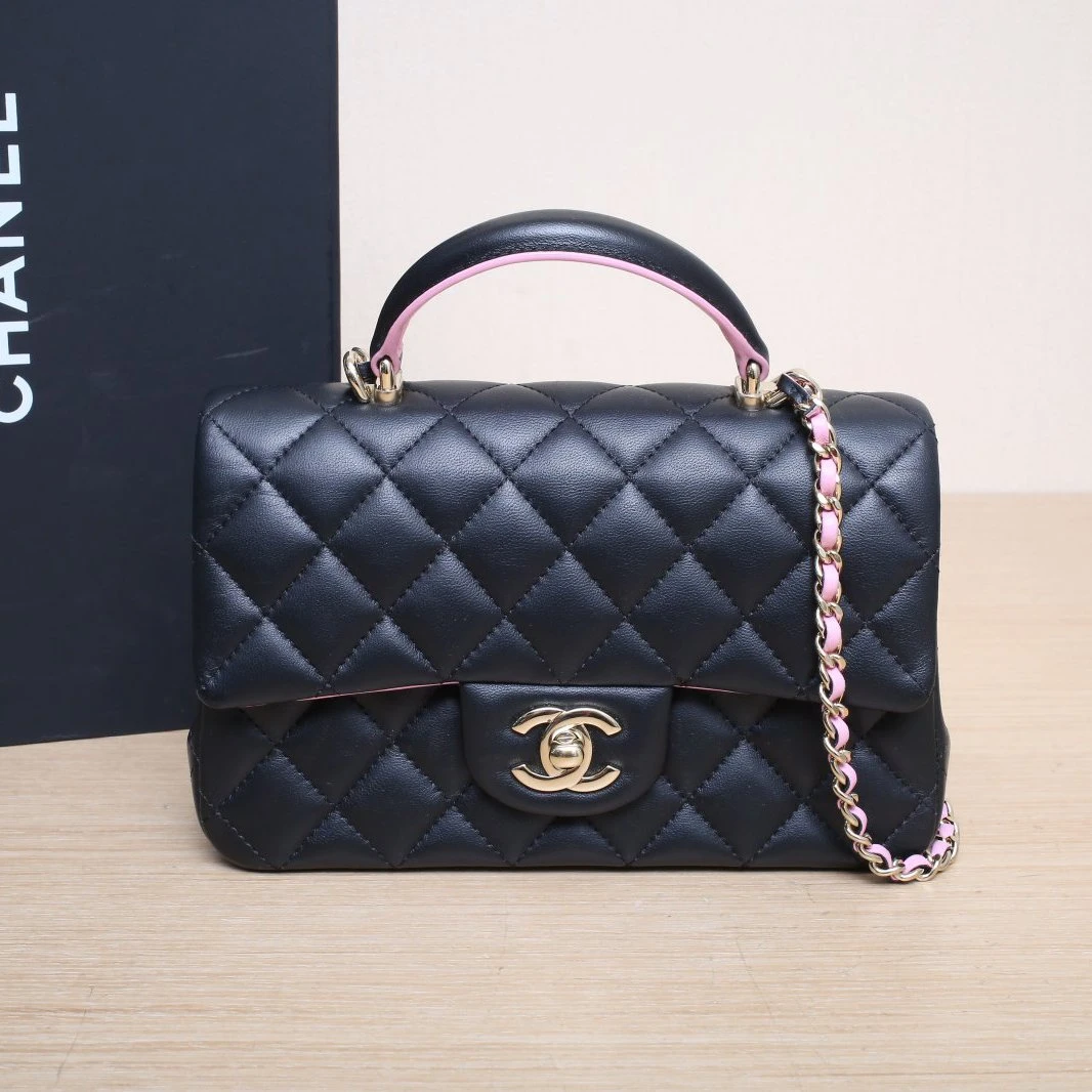 95新 Chanel/香奈儿 双攀-23P CF 口盖包 大Mini 皮革 芯片 浅金