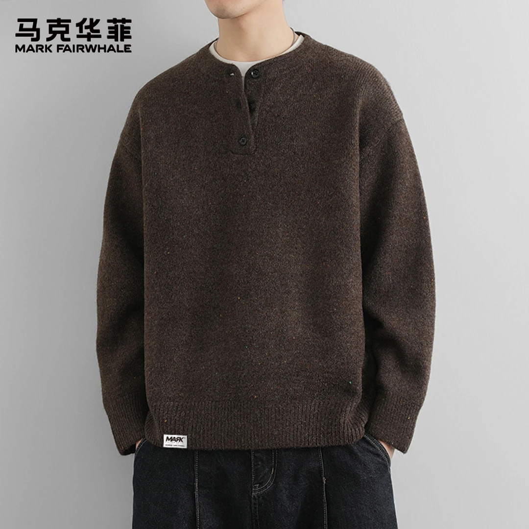 马克华菲2025秋冬新款亨利领含羊毛针织毛衣复古宽松慵懒风上衣