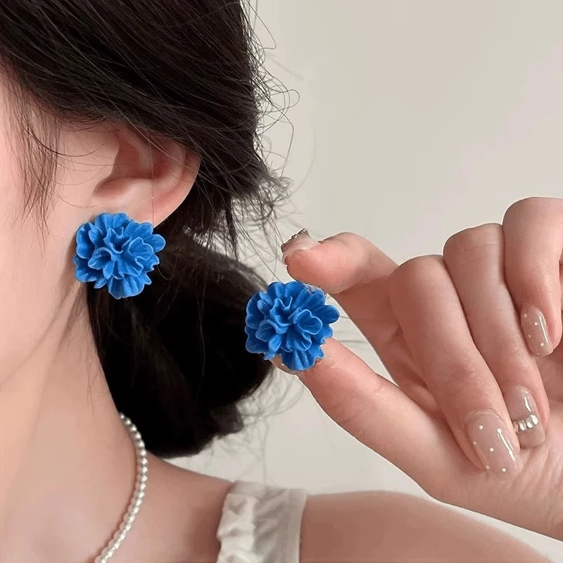 港风复古氛围感克莱因蓝立体花朵耳钉百搭显白气质高级感时尚耳饰