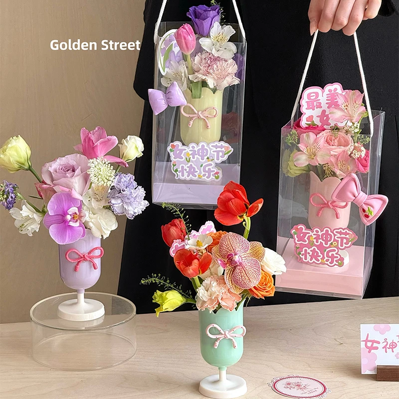 3.8女神节创意郁金小姐花盒手提盒迷你小花束包装盒女神节礼物diy