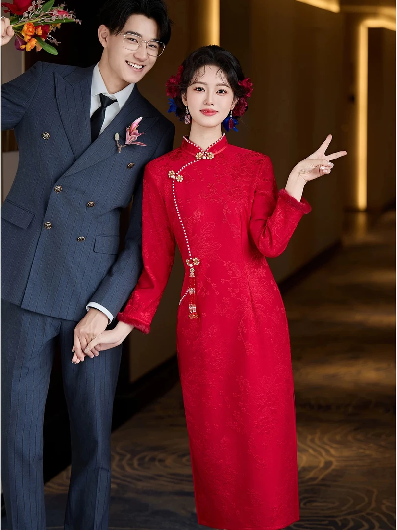 红色旗袍敬酒服新娘冬装订婚结婚礼服新中式婚礼回门冬季加绒加厚