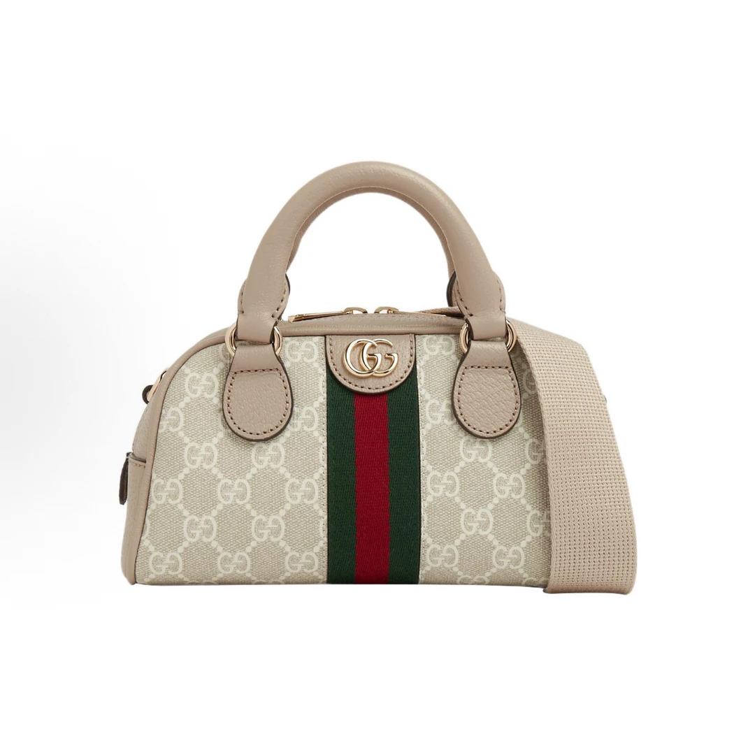 99新 GUCCI/古驰 Ophidia燕麦色配绿红条纹波士顿单肩斜挎手提包
