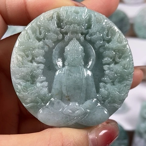 翡翠颈饰未镶嵌九龙大日如来两面工洒黄翡福利