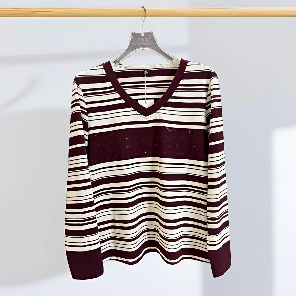 女条纹常规V领拼接长袖毛针织衫薄款不褪色新款时尚洋气百搭女装