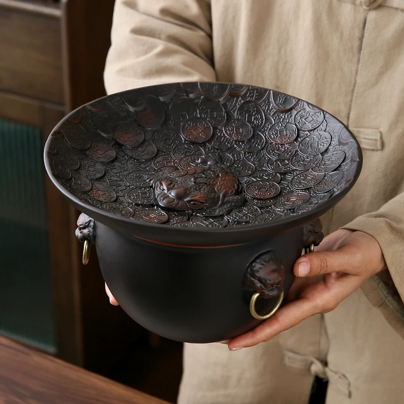 国风紫陶茶渣缸大号复古茶道干泡创意带盖过滤特大茶渣桶茶洗茶盅