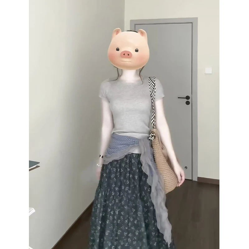 韩风chic一整套穿搭套装休闲慵懒风灰色短袖t恤a字半身裙两件套女