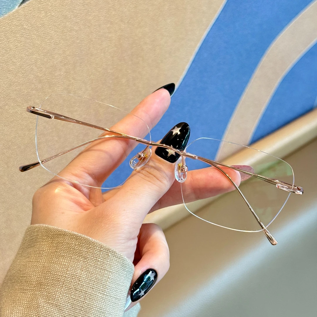 超轻钛无框眼镜近视可配度数防蓝光高级感银色金丝无边框镜架女士