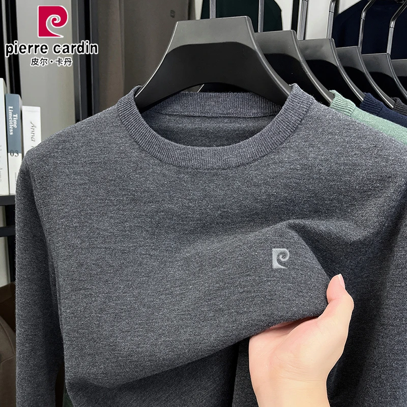 皮尔卡丹春秋款毛衣男士圆领纯色高档休闲轻奢男装针织打底羊毛衫