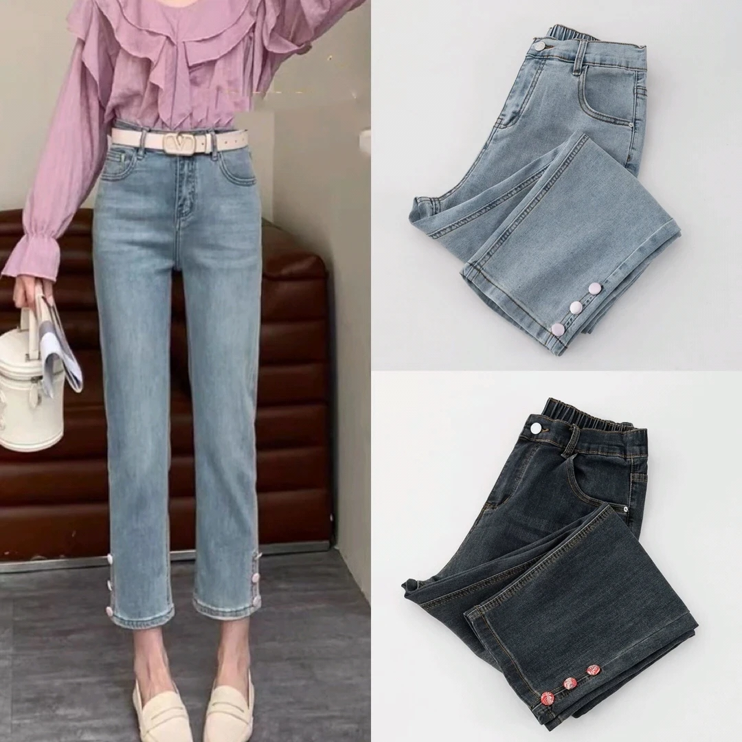 大码胖mm弹力高腰显瘦牛仔烟管裤秋季新款百搭时尚九分直筒裤6397