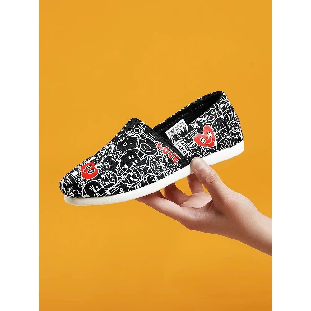 Tt&Mm/汤姆斯女鞋一脚蹬懒人帆布鞋透气2025夏季涂鸦舒适低帮布鞋