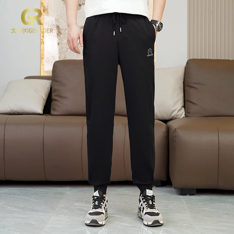 戈诺尔抽绳束脚运动休闲裤男士春夏款字母刺绣松紧裤百搭长裤子
