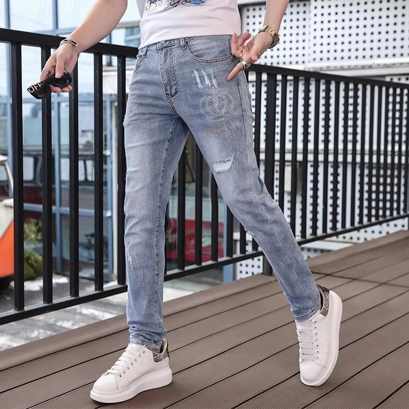 维麦帕通WENMAPAETON烫钻牛仔裤男夏季薄款修身小脚欧洲站国际