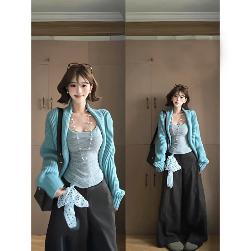 parkyeon纯欲风坑条长袖针织毛衣外套条纹背心女秋季阔腿休闲裤