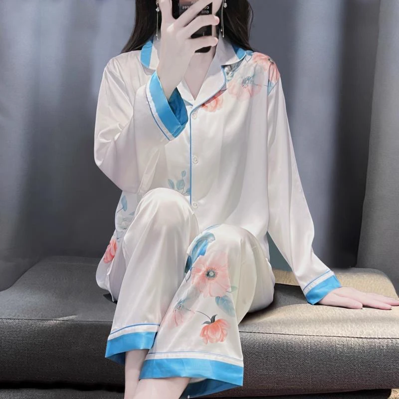 2025春秋新款水光绸印花睡衣女冰丝国风中式甜美气质家居服套装薄