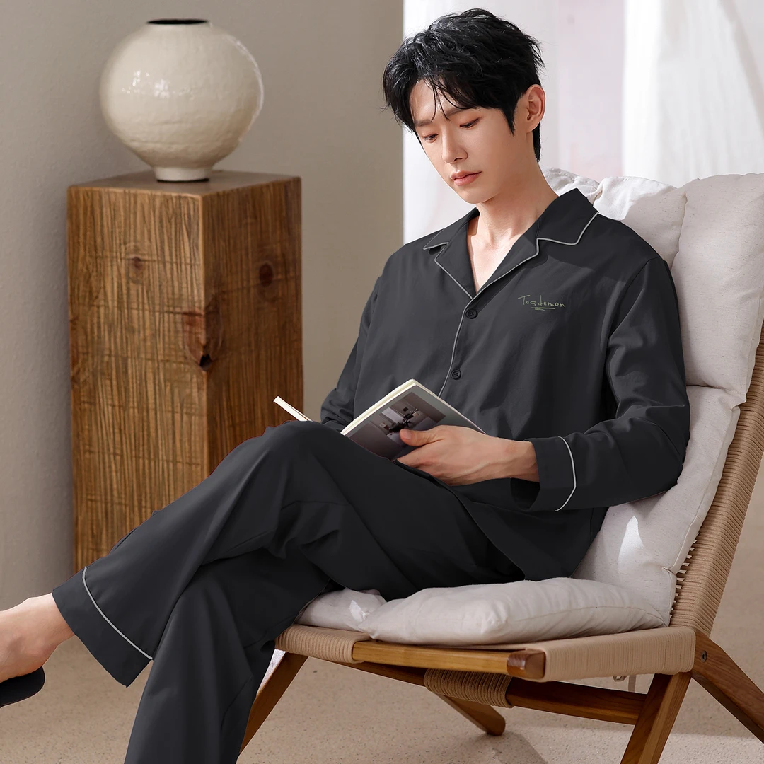 男士睡衣春秋季纯棉长袖开衫宽松青少年学生可外穿家居服100全棉
