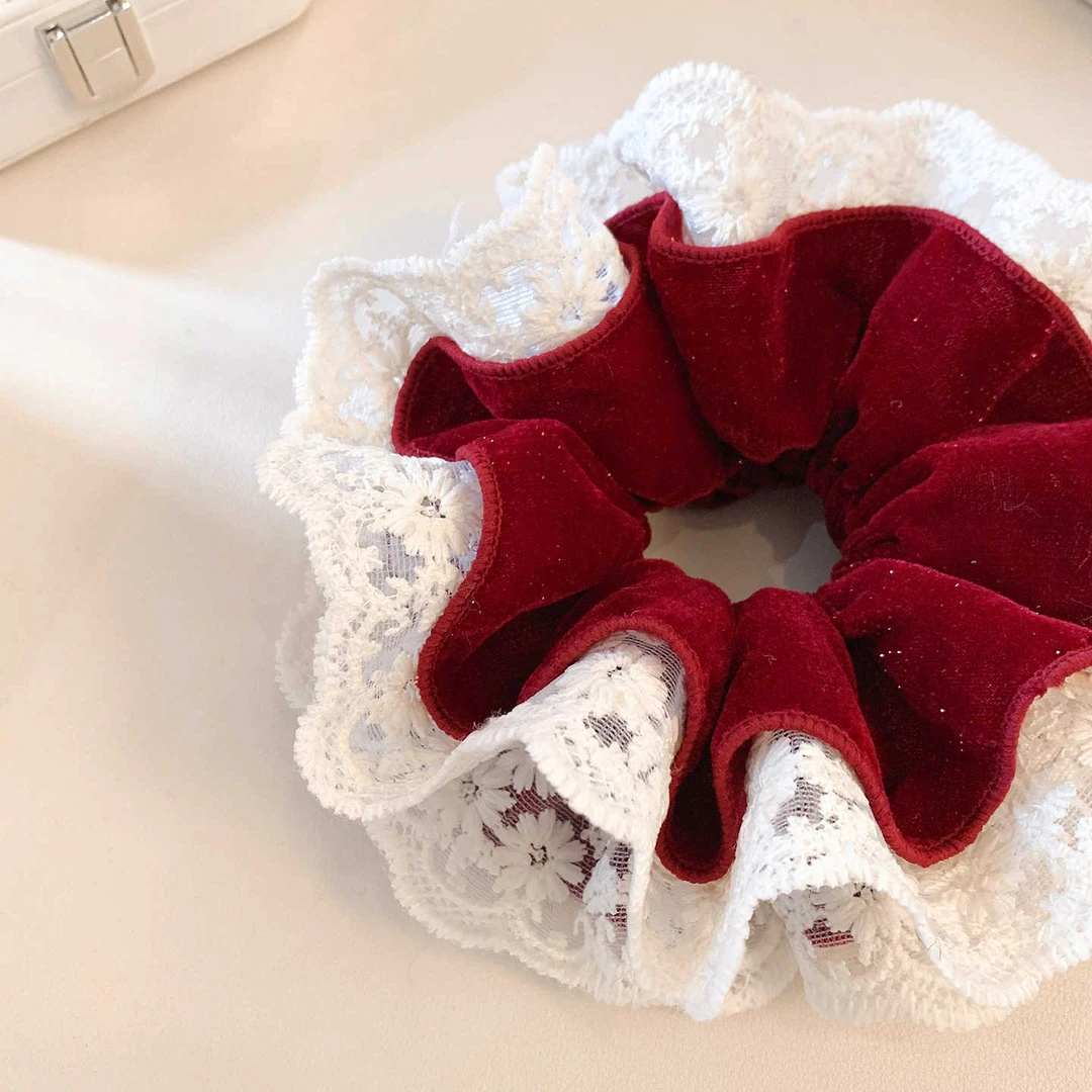 气质红色丝绒蕾丝双层大肠发圈女高级感优雅新年头饰发绳扎头超大