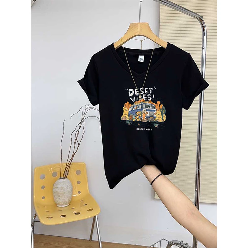 设计感小众正肩V领短袖t恤女时尚百搭黑色上衣打底衫2025春夏季