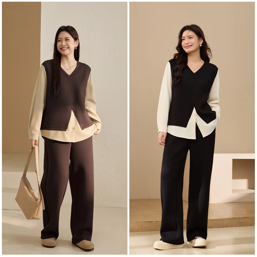 【人棉空气层】纤莉秀流光风小众拼接设计上衣休闲裤两件套QK4626