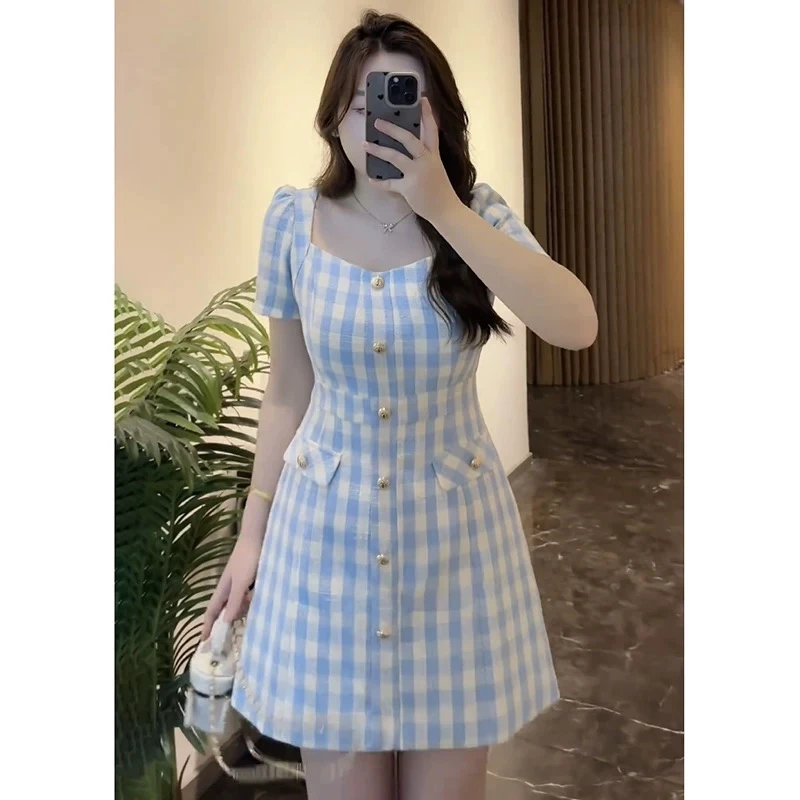 【朵拉】大码女装法式格子方领夏季优雅气质高腰收腰小个子连衣裙