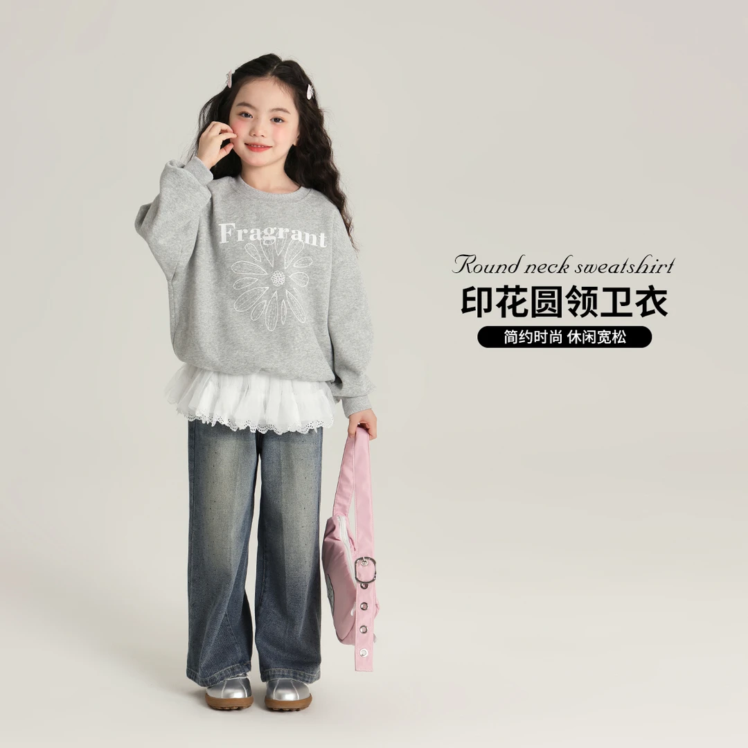 布丁哈鲁【太阳花】2024秋东女童长袖时尚休闲灰花朵卫衣G43TQ399
