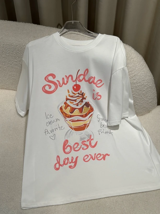 （南油娜姐）25夏季新款：小众设计夏日风冰淇淋小樱桃短袖T恤25223