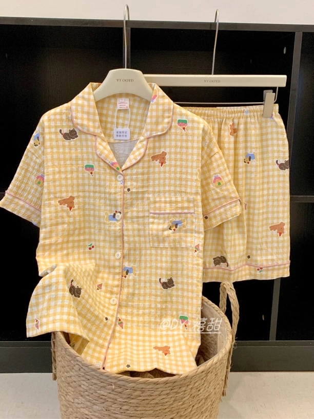 【黄格甜宠】日系可爱少女格子印花夏季短袖透气宽松休闲家居服套装