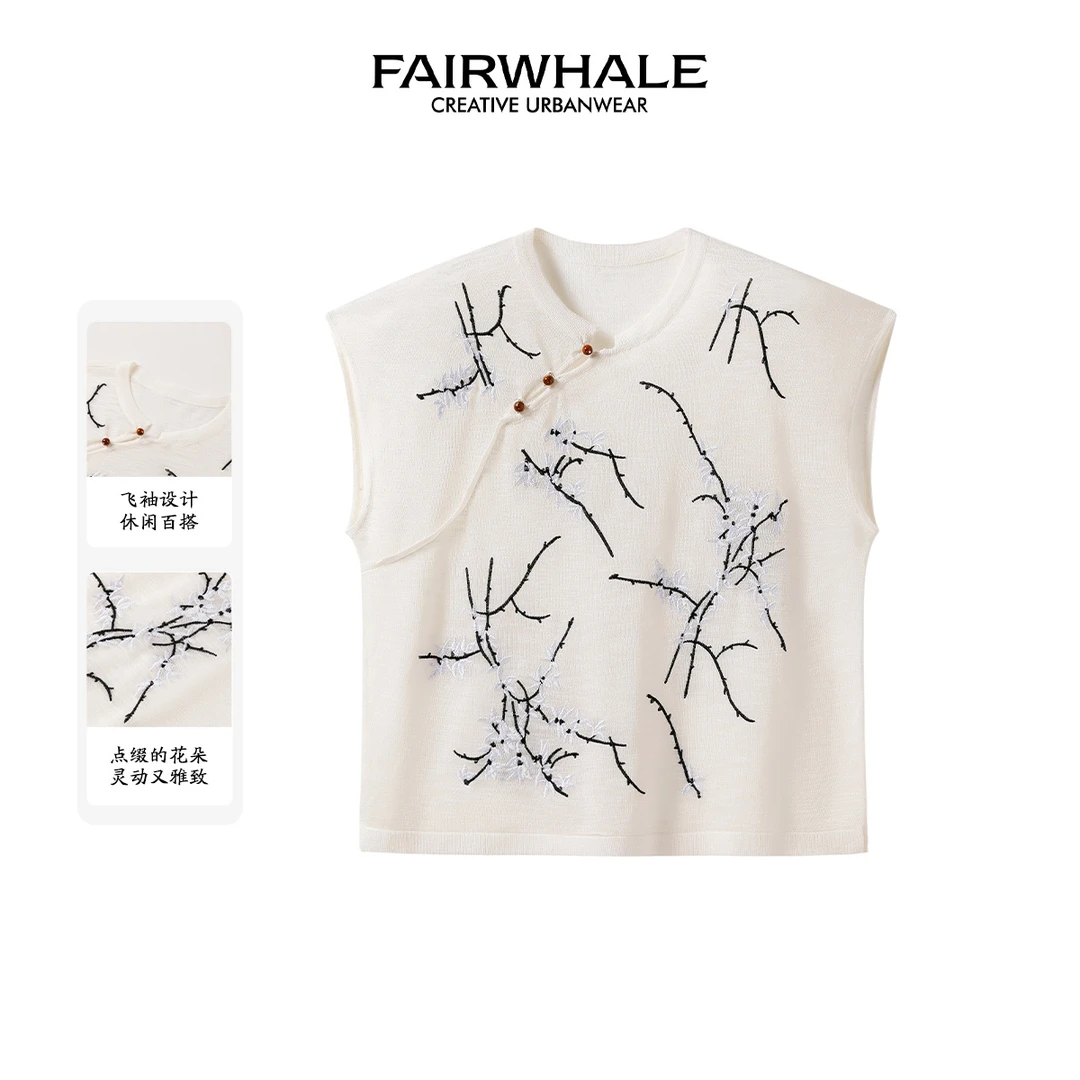 马克华菲中国风刺绣韩系毛针织衫夏季新中式国潮上衣国风通勤无袖